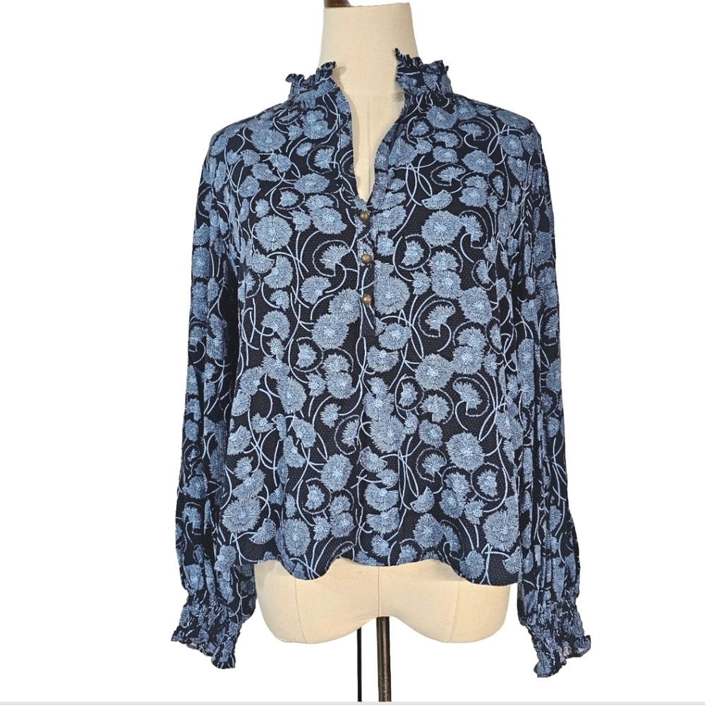 Maeve Navy Floral Ruffle-Neck Button Blouse - Picture 2 of 16